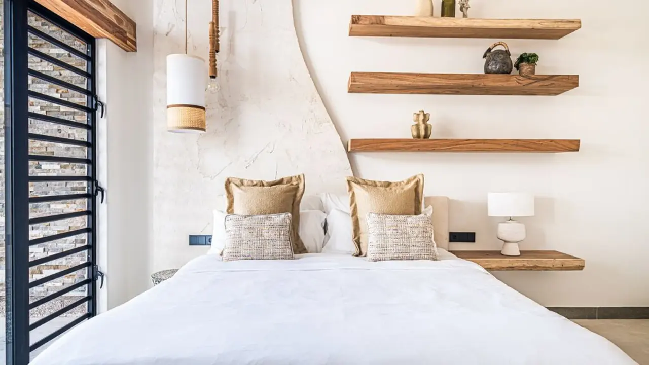 Kingsize bed met houten wandplanken in een Deluxe Room Laguna van Van der Valk Bonaire